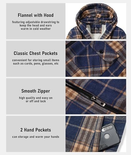 GEEK LIGHTING Men's Flannel Shirts Jacket Sherpa Lined Plaid Zipper Hoodie
