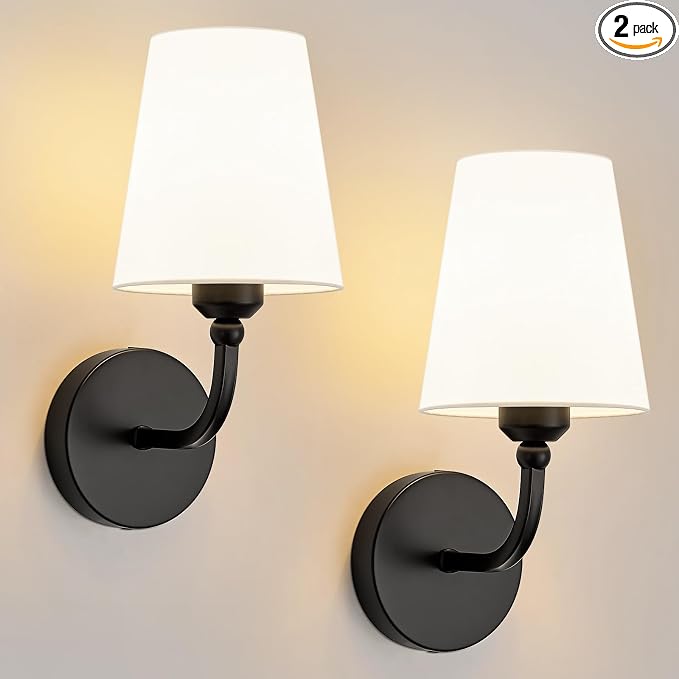 Modern Bathroom Vanity Light, Matte Black Bathroom Light Fixtures, Set of 2 Lighting Fixtures Over Mirror, Modern Wall Sconce with Flared White Fabric Shade, E26 Socket(ETL Listed)