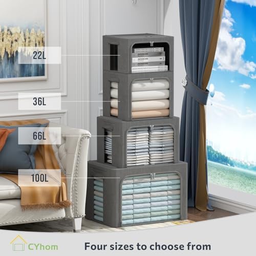 Clothes Storage Bins with Metal Frame, Clear Window, 100L, Dark Gray,2-Pack