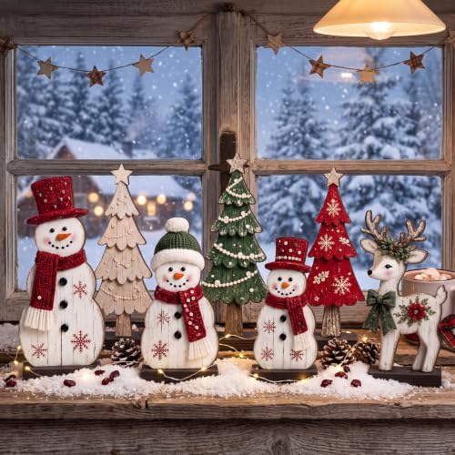 7 Pcs Christmas Table Decor Wooden Snowman Tree Deer Decor, Red,Green