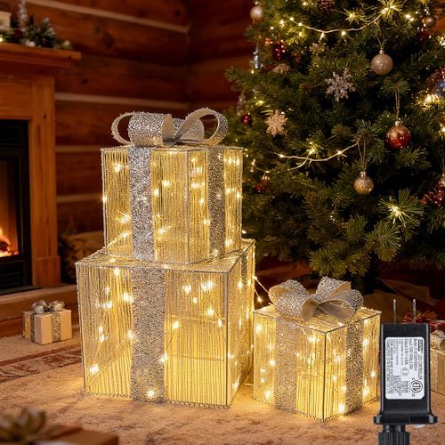 Set of 3 Christmas Lighted Gift Boxes - Silver 140 LEDs Outdoor Decoration