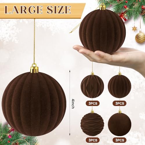 Liliful 4 Inch 12 Pcs Velvet Christmas Ornaments Balls, Brown