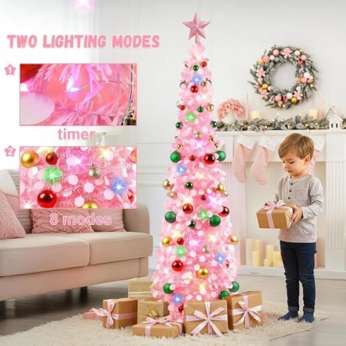 N&T NIETING Pop Up Christmas Tree with Lights & 30 Balls, 5Ft Collapsible Pink Tinsel Tree Decorations for Holiday Home Office Decor, Pink
