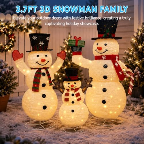 Hykolity 3.7 FT Collapsible Pop-Up 3D Lighted Snowman Family Set of 3, Outdoor Christmas Snowman Decorations with 250 Warm White LED Lights for Yard, Lawn and Porch