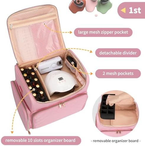 CUBETASTIC Extra Large Nail Polish Organizer Case Holds 86 to 100+ Bottles & Nail Lamp, Nail Supplies Storage Bag with 2 Removable Pouches, Nail Art Travel Box