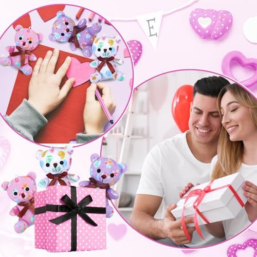 Poen 18 Pack Valentines Day Bears Bulk with Heart Cards Mini Valentine Stuffed Animal with Heart Love Pattern Bears Toys Keychains for Kids Boy Girl Classroom Exchange Gifts Prize