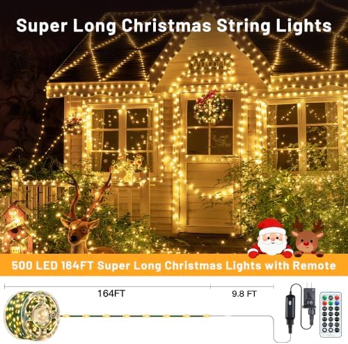 Ollny Christmas Lights Outdoor, 500 LED 164FT Warm White Fairy Lights