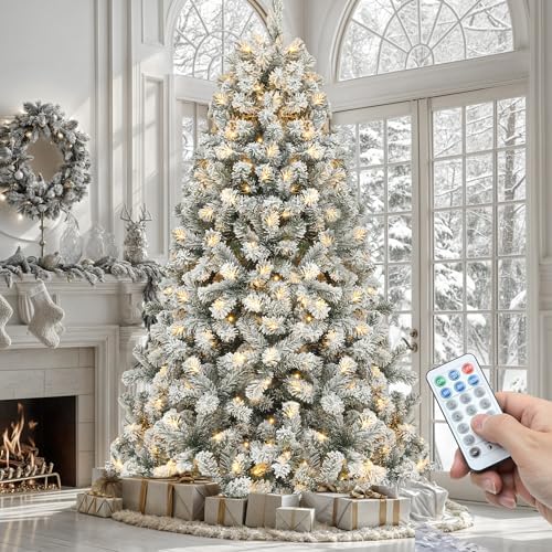 YITAHOME Prelit Snow Flocked Artificial Full Christmas Tree 6ft with Remote Control, Christmas Pine Tree with 11 Light-Modes, 1000 Branch Tips, Foldable Base for Home, Party Decoration