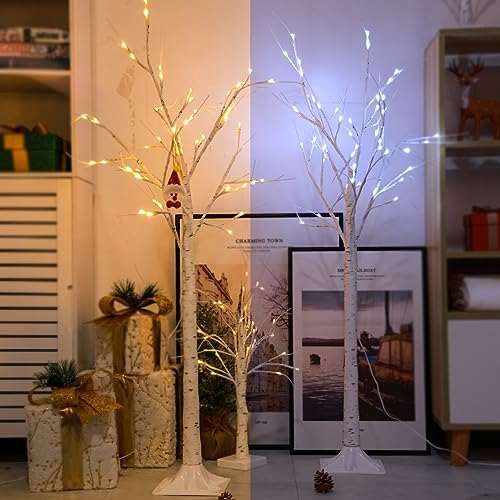 2 Pack 4FT Lighted Birch Trees, Warm White to Cool White Color Changing