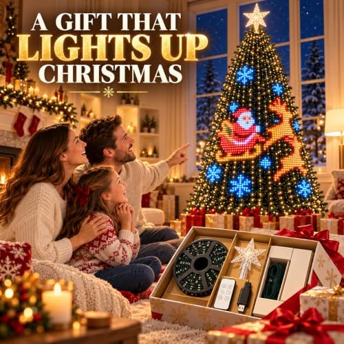 Animated Pixel Christmas Tree Lights with Star Topper & Remote