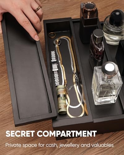 Cologne Organizer for Men, 3 Tier Wooden Cologne Stand with Drawer Storage and Hidden Compartment, Perfume Display Holder for Dresser, Great Gifts for Him Dad Fathers Day, Black