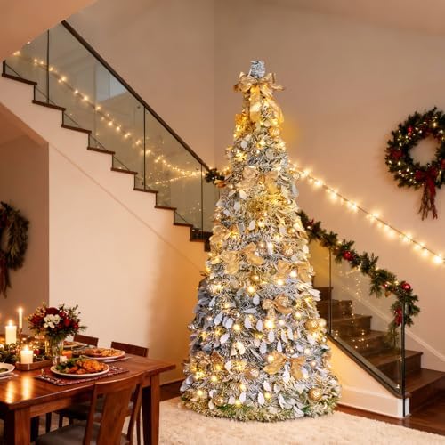 VINGLI 6ft Pre Lit Pop Up Christmas Tree w/ 100 Lights, Fully Decorated Flocked Pencil Christmas Tree, Collapsible Xmas Tree for Holiday Party Decorations, Gold