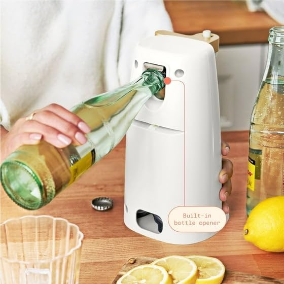 New B'eautiful Easy-Prep Electric Can Opener with 70-watt motor effectively, Auto-turn & One-Touch Operation Built-in knife sharpener and bottle opener by D'rew Barry'more (White Icing)