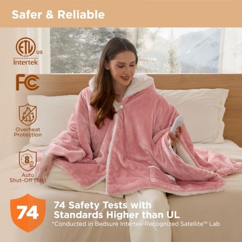 Bedsure Wearable Heated Blanket Hoodie Shawl, Gifts for Mom, 55"x64", Pink