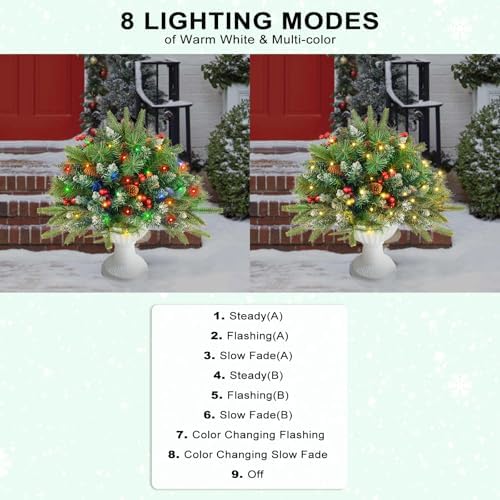 Christmas Tree Urn Filler, Battery Operated with Timer, Pre-lit Warm White & Multi-Color Changing LED Lights, Artificial Xmas Tree for Porch, Pathway, Yard, Outdoor Holiday Decoration (2, with Snow)