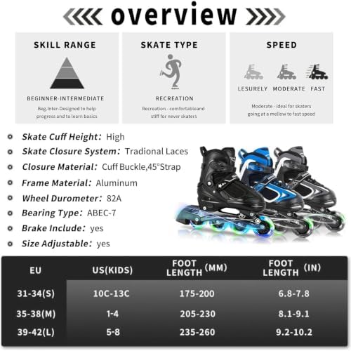 MammyGol Adjustable Inline Skates for Kids Boys Girls Youth Blades Roller Skates with Light up Wheels Ages 4-16