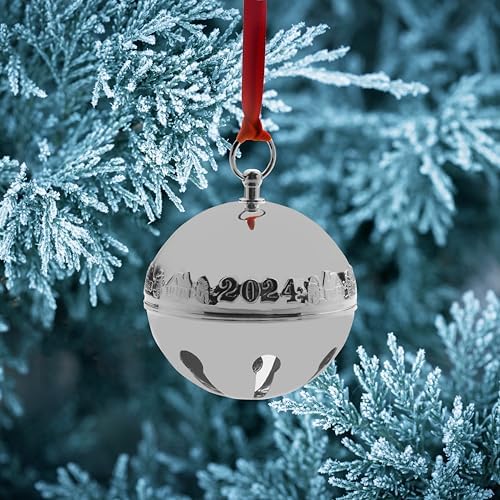 Wallace 2024 Annual Silver-Plated Sleigh Bell Ornament 54th Edition - Snowmen and Log Cabins Design - Handcrafted Collectible with Gift Box, Ribbon, and Velvet Pouch
