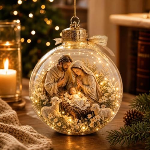 Illuminated Scripture Keepsake Ornament, Lighted Hanging Decoration with Bible Verse, Religious Themed Holiday Ornament, Transparant Ball with 2D Flat Sheet for Christmas Tree Home Display，G