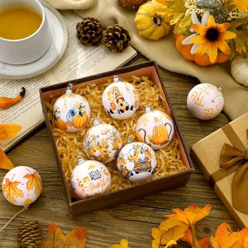 Outus 16 Pcs Fall Ornaments for Tree Autumn Thanksgiving Ball Decorations Pumpkin Maple Leaf Hanging Ornament for Fall Autumn Harvest Home Fireplace and Holiday Party Supplies