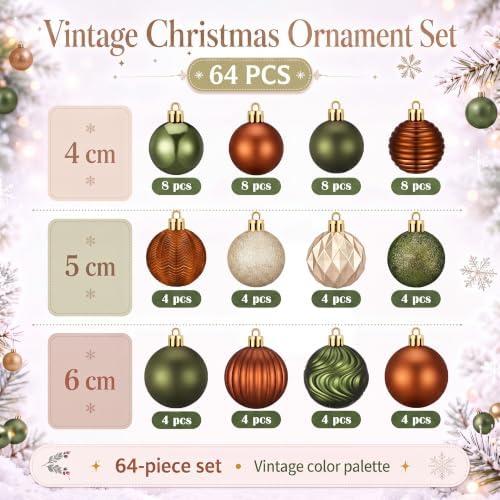 Lunmon 64 Pcs Earthy Christmas Ornaments Olive Green Copper Champagne Gold