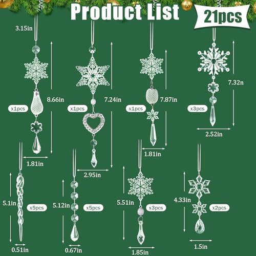 21Pcs Christmas Decorations for Xmas Tree Decor Clear Crystal Ornaments