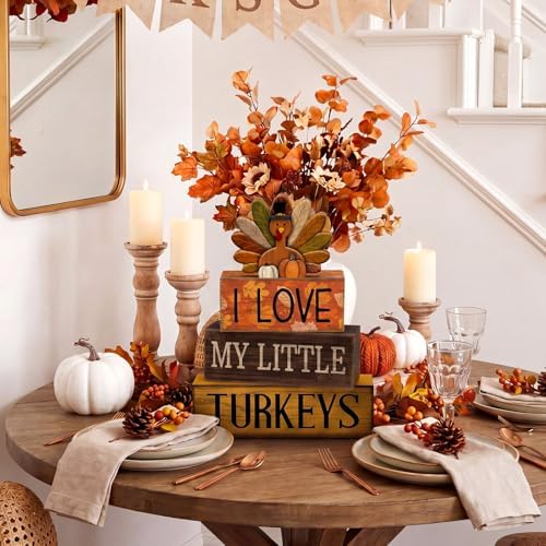 Lineshading 4 Pcs Thanksgiving Table Decoration, Turkey Wooden Block Signs