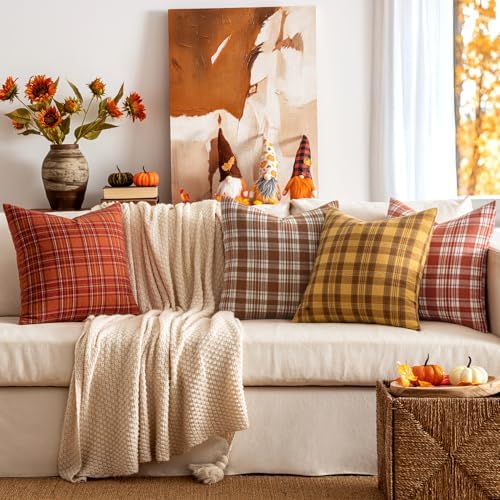 MIULEE Fall Plaid Pillow Covers Scottish Tartan 18x18 Burnt Orange