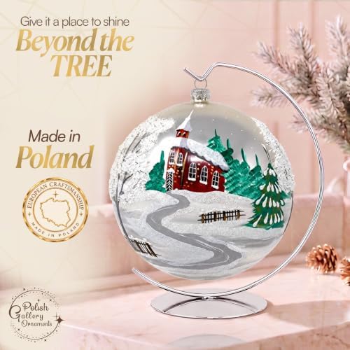 Hand Blown Glass Christmas Ornaments Ball, Chapel Silver 8 in + Stand