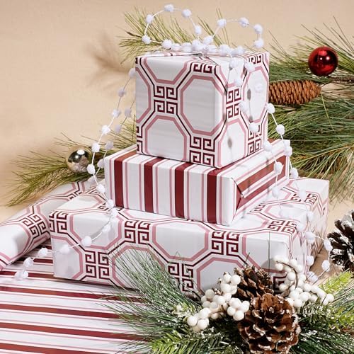 LaRibbons Reversible Minimalist Christmas Wrapping Paper, Greek Key Geometric & Striped Design - Burgundy Pink Modern Gift Wrap for Birthday, Holiday, Xmas Party Celebration, 17 Inch × 33 Feet