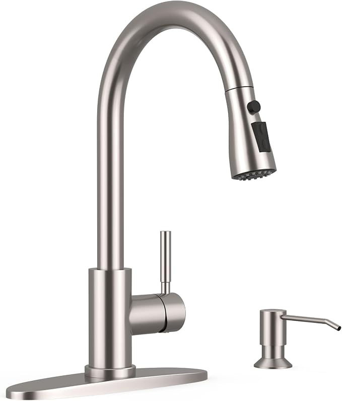 WEWE Kitchen Faucet with Soap Dispenser and Pull Down Sprayer, RV Single Handle Classic 3 Modes Stainless Steel Faucet for Kitchen Sink, RV, Stainless Steel