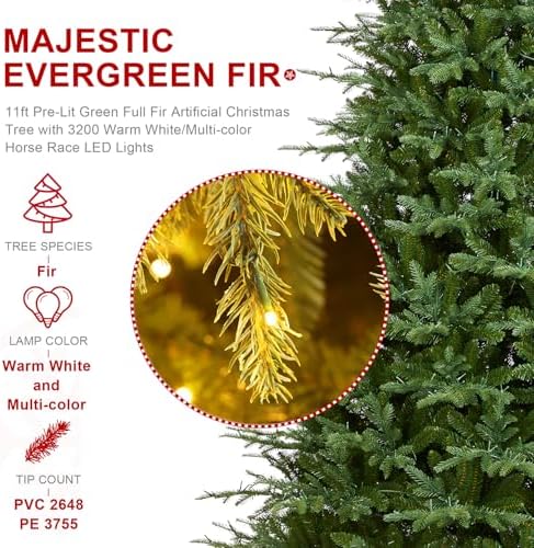 Glitzhome 11ft Pre-lit Artificial Christmas Tree, Majestic Evergreen Fir Green Full Xmas Tree with 3200 Warm White/Multi-Color Chasing and Twinkling Lights, 9 Function w/Foot Pedal and Remote Control
