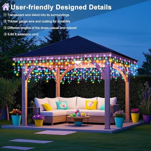99ft 1216 LED Pastel Multicolor Christmas Lights Outdoor Icicle Lights for Outside, Clear Wire Twinkle Lights with 8 Modes 228 Drops Timer Waterproof for House Window Party Holiday Patio Yard Decor