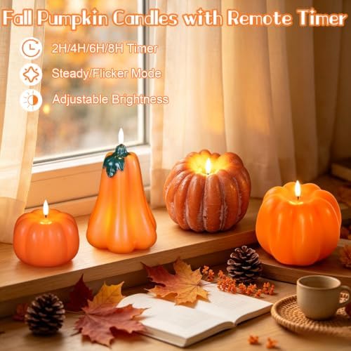 Wondise Fall Decorations Flameless Wax Pumpkin Candles with Remote Timer