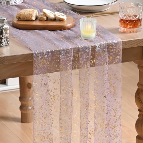 Artoid Mode 10Pcs Grayish Purple Gauze Gold Table Runner 10FT, Glitter Metallic Foil Sheer Dining Wedding Anniversary Holiday Table Decor for Home Party