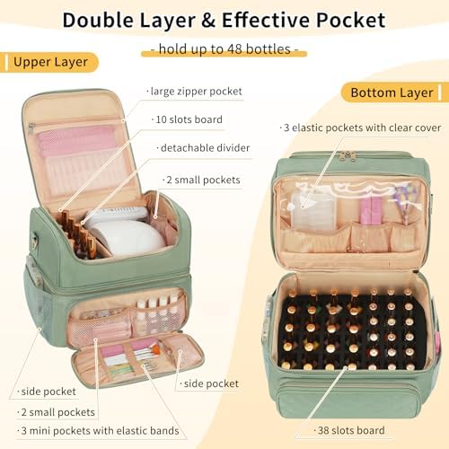 CUBETASTIC Nail Polish Organizer & Storage Bag for 48 Bottles & Full-Size Lamp, Double-Layer Travel Case Box for Nail Supplies, Manicure Kit & Pedicure Tools (Green, 48 Slots)