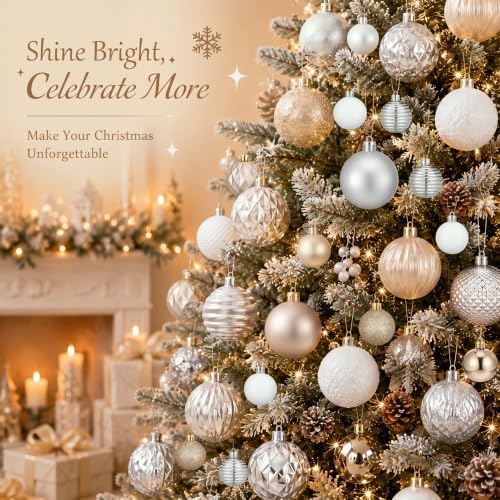 Lunmon 64 Pcs Champagne Gold White Christmas Ornaments 1.57/1.97/2.36 Inch
