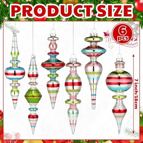 Soulchen 6 Pcs Vintage Glass Finial Christmas Ornaments Classic 6-6.8 Inch