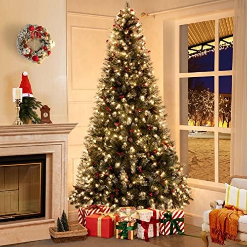 Vancouver 7.5ft Frosted Prelit Artificial Christmas Tree with Pine Cones,Faux Berries, Foot Pedal, 1346 Branch Tips,550 Warm Lights & Metal Stand, 53" Wide Realistic Decorated Spruce Christmas Tree