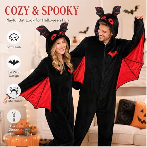 Adult Bat Costume Pajamas Flannel Hooded Onesie with Wings for Halloween