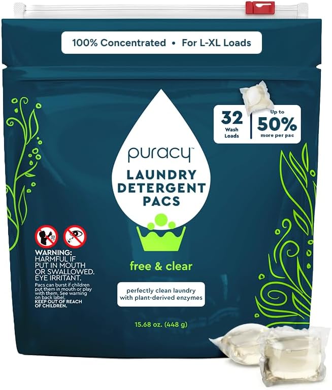 Puracy Laundry Detergent Pods with 2 Bio-Powered Enzymes, Free and Clear for Sensitive Skin, Non Toxic Richly Concentrated Washing Detergent Pods, 32 Ct