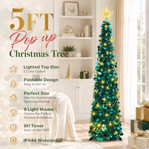 5FT Pop Up Christmas Tree with Lighted Top Star for Christmas Decorations