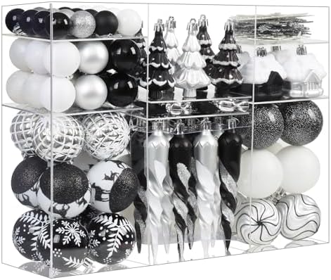 124Ct Black White and Silver Halloween Christmas Ornaments Set, Elegant Shatterproof Assorted Christmas Tree Decorations Snowflake Icicle House Ball Ornaments Baubles for Holiday (Black White Silver)