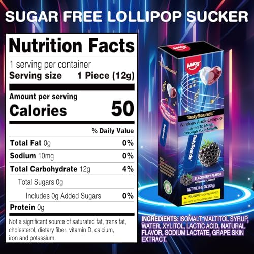 Amos TastySounds Wireless Audio Music Lollipop - Bone Conduction Music Lollipop with Natural Blackberry Flavor, Private Listening Experience, Premium Gift Packaging for Tech Lovers & Adults (1 Pack)