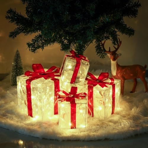Set of 4 Christmas Lighted Gift Boxes, Red Bow Holiday Present Decorations