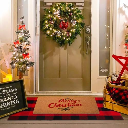 Christmas Red and Black Plaid Rug, 24 x 51 Inches Cotton Hand-Woven Layered Door Mat for Front Porch, Entryway, Outdoor Holiday Decor, Washable Buffalo Check Rug for Home, Patio, Kitchen
