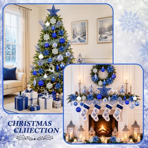 CroBlissful 118 Pcs Royal Blue Christmas Tree Decoration Set Including Ball Deer Ornament, Mesh Ribbon, Snowflake Icicle, Trees Top Star, Flower, Berries Stem Chinoiserie Christmas Decor for Xmas Tree