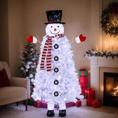 VINGLI 6ft Snowman Christmas Tree with 220 LED Lights, 708 Tips Artificial Xmas Tree, 10 Light Modes, Festive Indoor Christmas Decor for Holiday Party and Home Pre-Lit Design