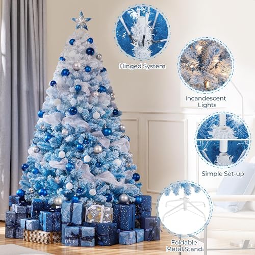 Yaheetech 6ft Prelit Flocked Christmas Tree, Blue & White, 250 Lights