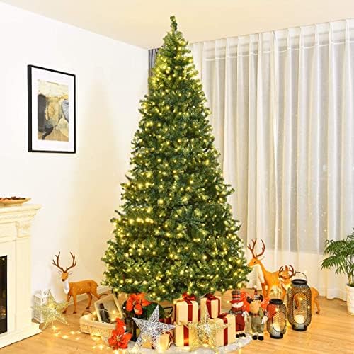 HAPPYGRILL 9FT Pre-lit Artificial Christmas Tree with 2944 PVC Branch Tips and Foldable Base, Premium Spruce Tree Hinged Xmas Tree with 1000 Lights, 11 Color Modes for Holiday Decoration