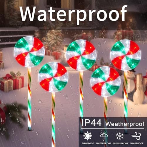 BRIGHTDECK 5 Pack Solar Christmas Pathway Lights, Lollipop Stakes